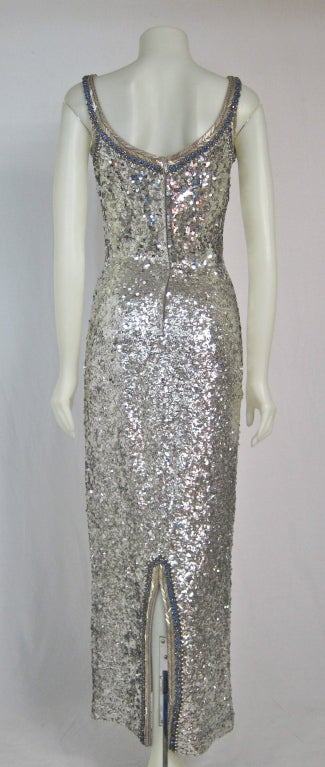 1960s  Exquisite Silver Sequin, Beading, Pearl Gala Dress w Jacket For Sale 1