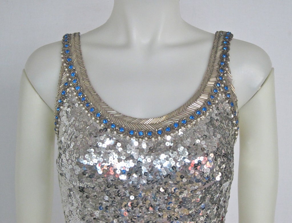 1960s  Exquisite Silver Sequin, Beading, Pearl Gala Dress w Jacket For Sale 2