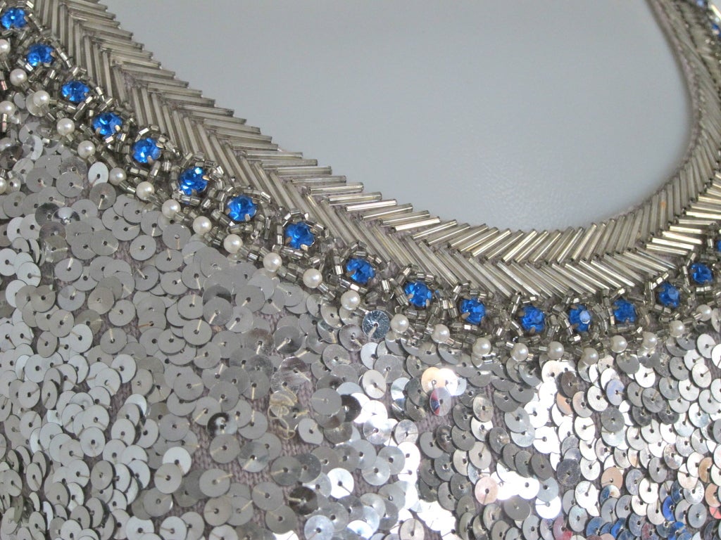 1960s  Exquisite Silver Sequin, Beading, Pearl Gala Dress w Jacket For Sale 3