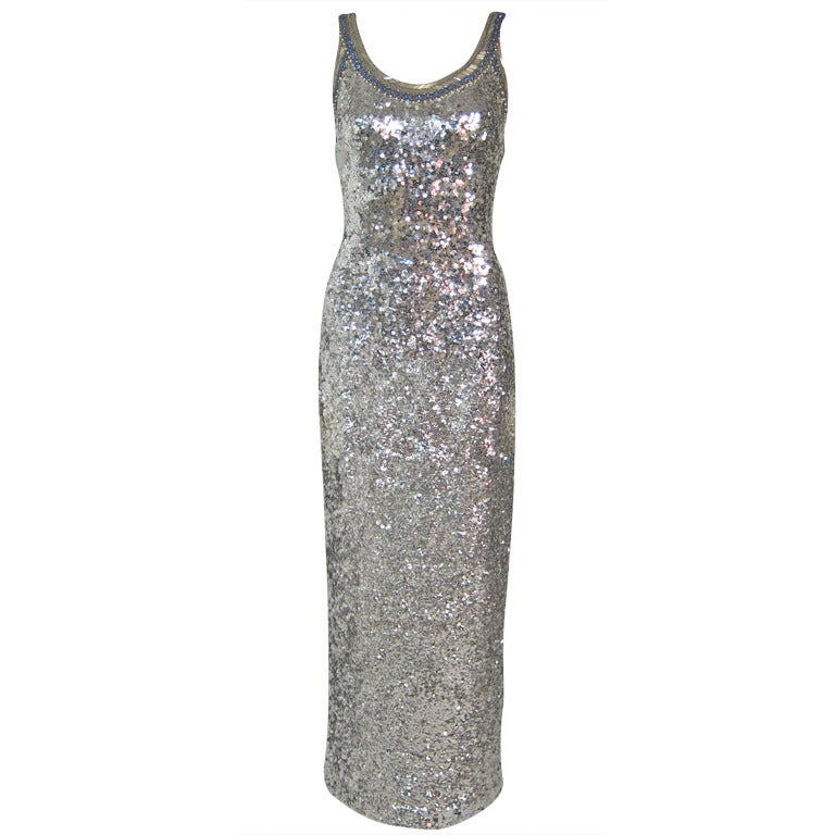 1960s  Exquisite Silver Sequin, Beading, Pearl Gala Dress w Jacket For Sale