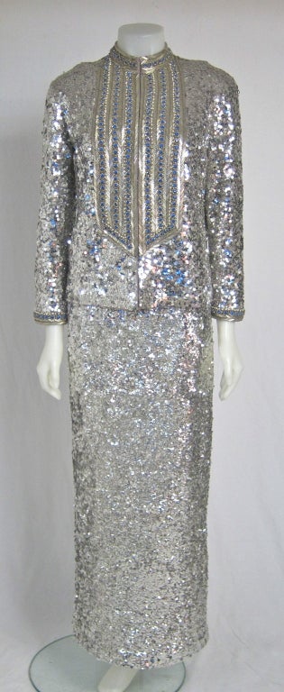 1960s  Exquisite Silver Sequin, Beading, Pearl Gala Dress w Jacket In Excellent Condition For Sale In San Francisco, CA
