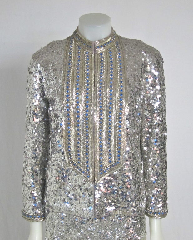 1960s  Exquisite Silver Sequin, Beading, Pearl Gala Dress w Jacket For Sale 5