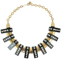 1970s Chunky Deco Style Necklace  Black lucite w Rhinestones