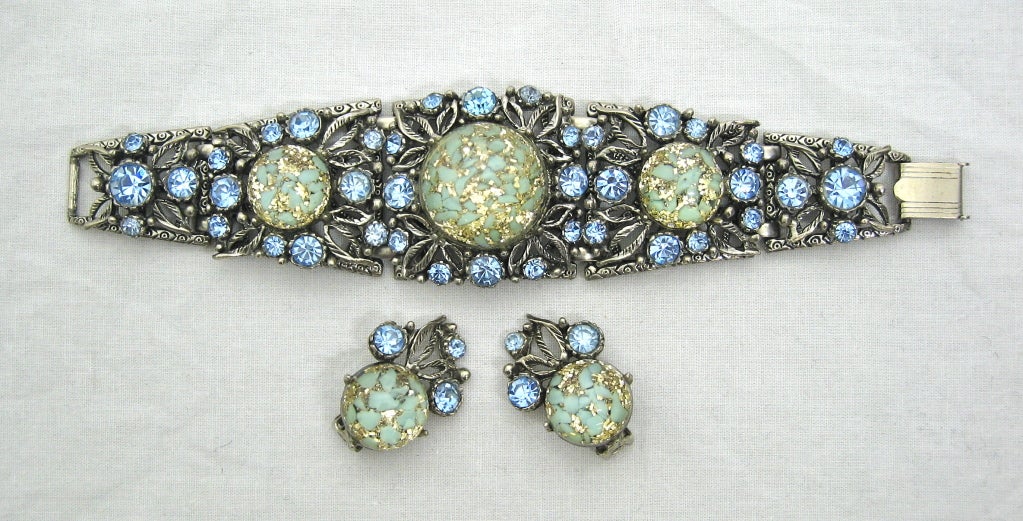 1950s Blue Lucite & Rhinestone Bracelet & Earrings Demi Parure