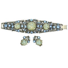 Retro 1950s Blue Lucite & Rhinestone Bracelet & Earrings Demi Parure