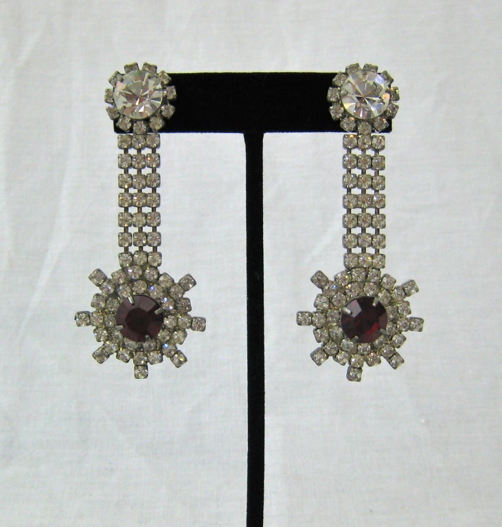 The most beautiful red and clear rhinestone duster earrings on the planet!  Pierced. These were probably were clip on earrings and made into posts. 

Length: 2.75