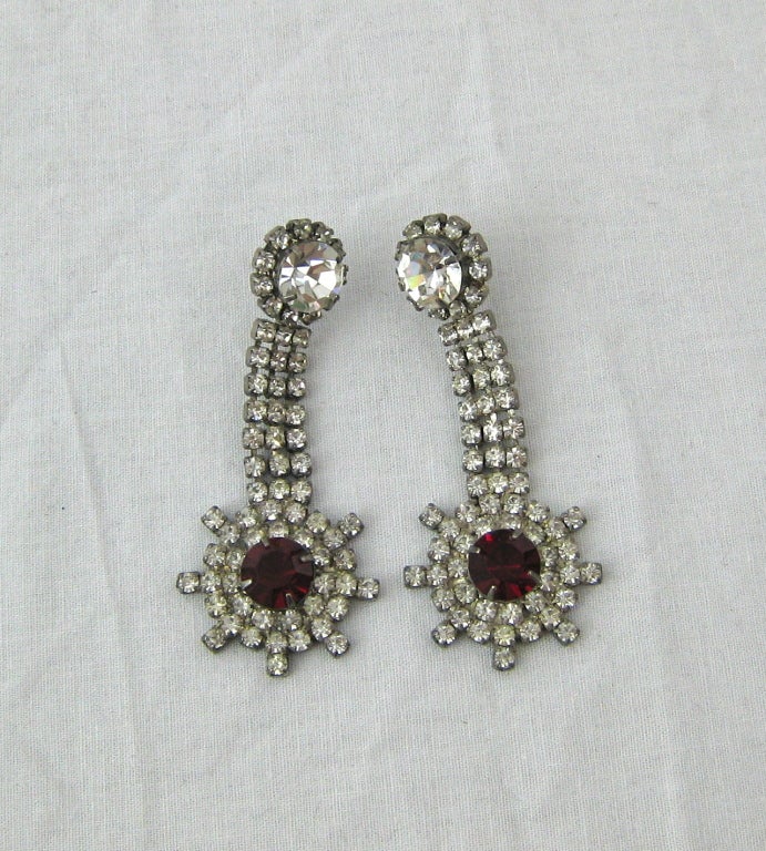 Vintage Red & Clear Rhinestone Dangle Duster Earrings For Sale 1
