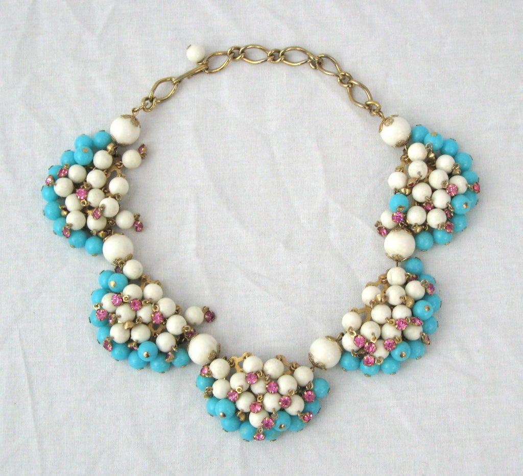 HUGE Demi Parure TURQUOISE WHITE PINK CRYSTAL NECKLACE EARRINGS For Sale 1