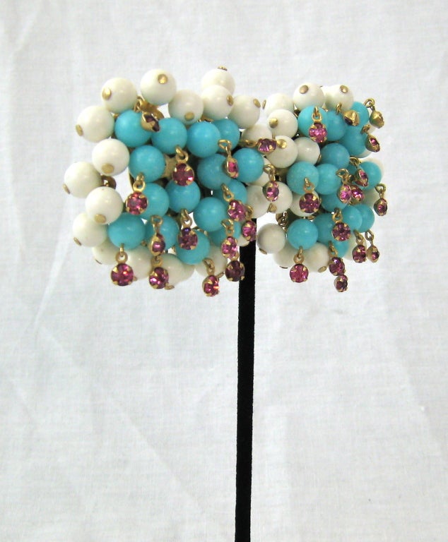 HUGE Demi Parure TURQUOISE WHITE PINK CRYSTAL NECKLACE EARRINGS For Sale 4
