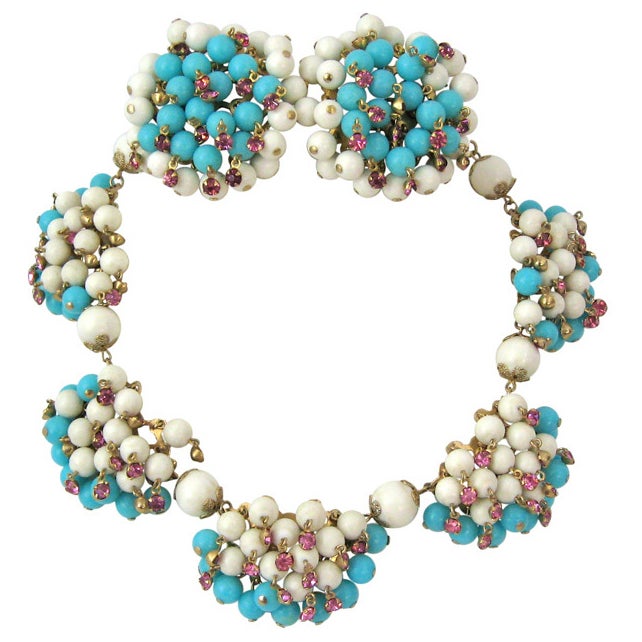 HUGE Demi Parure TURQUOISE WHITE PINK CRYSTAL NECKLACE EARRINGS For Sale