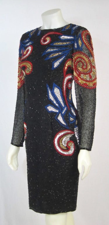 Vintage 80s Deco Beaded Motif Cocktail Dress