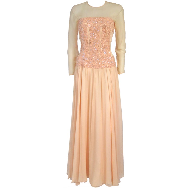 Chiffon Gown w Embellished Bodice Wedding or Gala For Sale