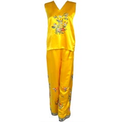 Circa 1940 Embroidered Marigold Satin Lounge Pajama Set