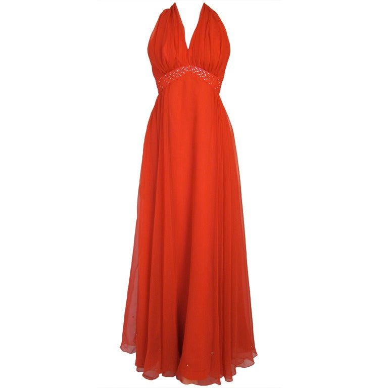 Vintage Red Chiffon Halter Gown Long Dress w Rhinestones at 1stdibs