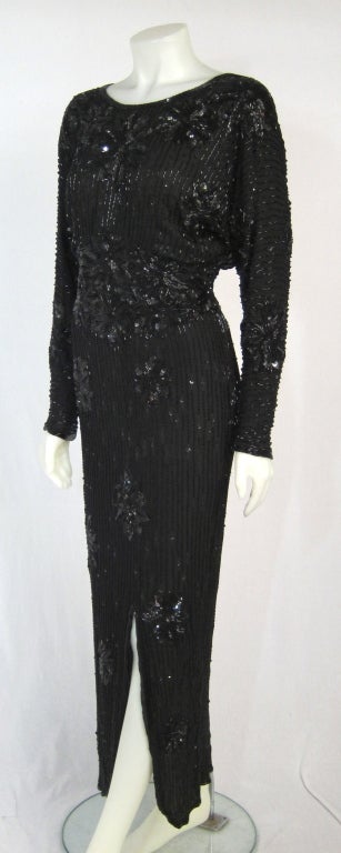 Vintage Black Beaded Dolman Sleeved  Low Back Gala Dress