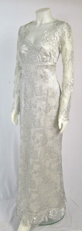 Silver LAME Lace Full Length Dress w Sheer Sleeves- In Excellent Condition For Sale In San Francisco, CA