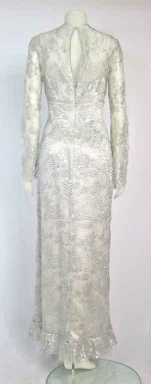 Women's Silver LAME Lace Full Length Dress w Sheer Sleeves- For Sale