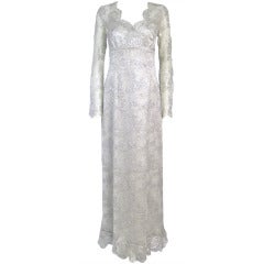 Silver LAME Lace Full Length Dress w Sheer Sleeves-