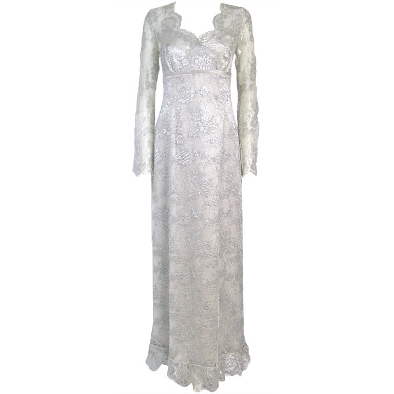 Silver LAME Lace Full Length Dress w Sheer Sleeves- For Sale