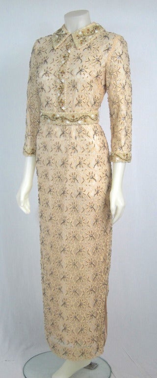 1960s Beaded Metallic Champagne Lace w Sleeves Gala Dress
