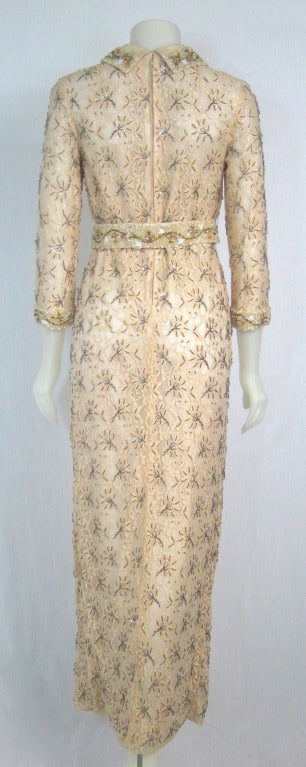 1960s Beaded Metallic Champagne Lace w Sleeves Gala Dress In Excellent Condition For Sale In San Francisco, CA