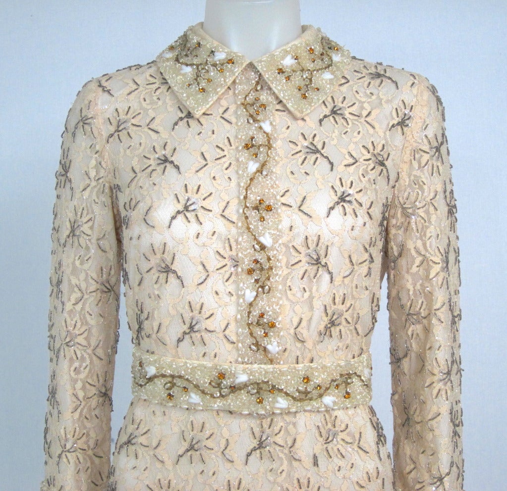 Women's 1960s Beaded Metallic Champagne Lace w Sleeves Gala Dress For Sale