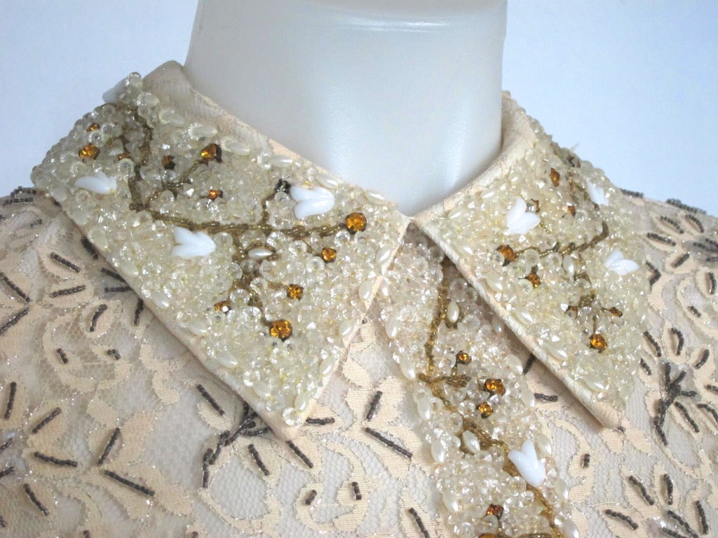 1960s Beaded Metallic Champagne Lace w Sleeves Gala Dress For Sale 1