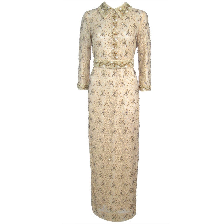 1960s Beaded Metallic Champagne Lace w Sleeves Gala Dress For Sale