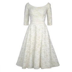 1950s Classic white lace long sleeves tea length party wedding dress