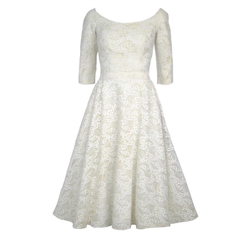 1950s Classic white lace long sleeves tea length party wedding dress For Sale