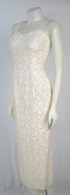 Vintage White Pearl Sequin Lace Spaghetti Strap Column  Dress- Wedding In Excellent Condition For Sale In San Francisco, CA