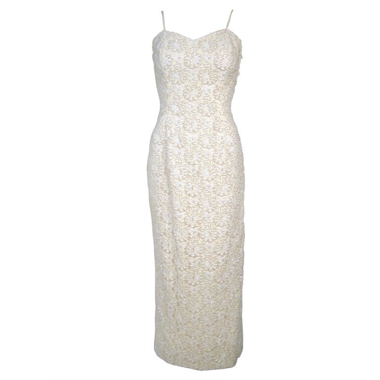 Vintage White Pearl Sequin Lace Spaghetti Strap Column  Dress- Wedding For Sale