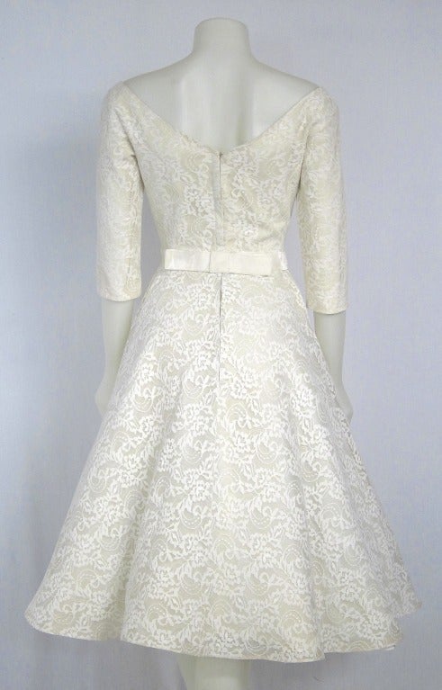 1950s Classic white lace long sleeves tea length party wedding dress In Excellent Condition For Sale In San Francisco, CA