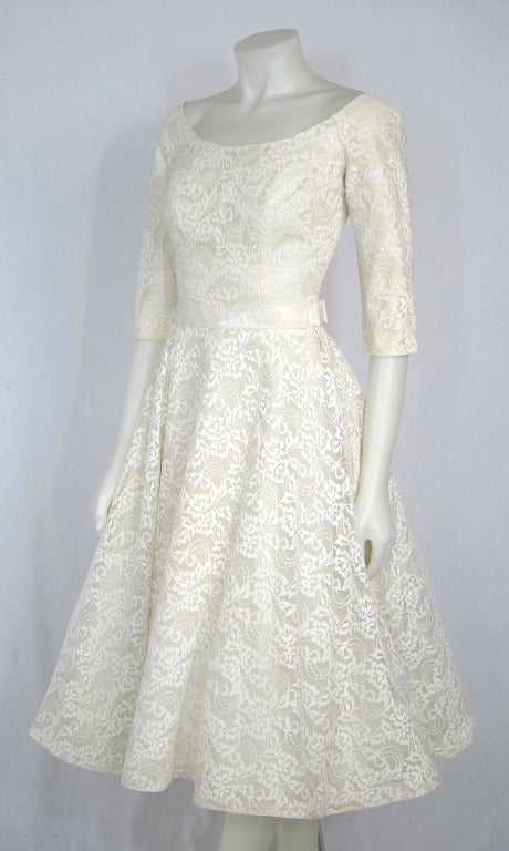 Women's 1950s Classic white lace long sleeves tea length party wedding dress For Sale