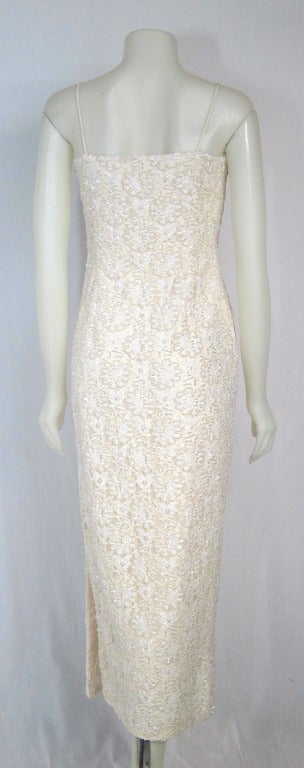 Women's Vintage White Pearl Sequin Lace Spaghetti Strap Column  Dress- Wedding For Sale
