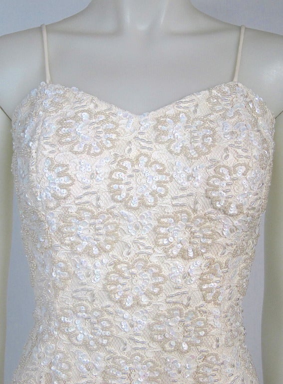 Vintage White Pearl Sequin Lace Spaghetti Strap Column  Dress- Wedding For Sale 1
