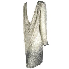 Silver & Gun Metal Gray Heavily Beaded Back Drape  Dress Long Sleeves SZ 14