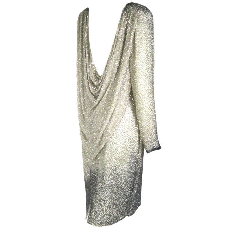 Silver & Gun Metal Gray Heavily Beaded Back Drape  Dress Long Sleeves SZ 14 For Sale
