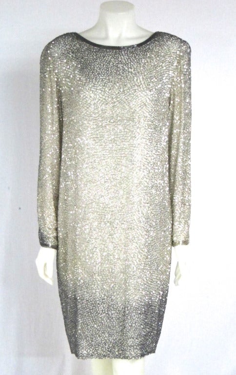 Silver & Gun Metal Gray Heavily Beaded Back Drape  Dress Long Sleeves SZ 14 In Excellent Condition For Sale In San Francisco, CA