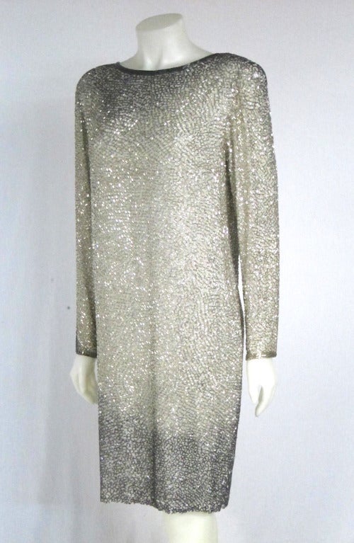 Women's Silver & Gun Metal Gray Heavily Beaded Back Drape  Dress Long Sleeves SZ 14 For Sale