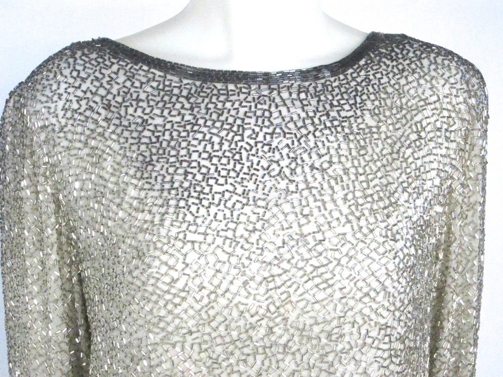 Silver & Gun Metal Gray Heavily Beaded Back Drape  Dress Long Sleeves SZ 14 For Sale 3