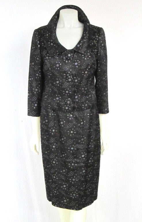 Women's 1960 Mad Men  Shelf Bust Black & Iridescent Wiggle Dress & Jacket Set For Sale