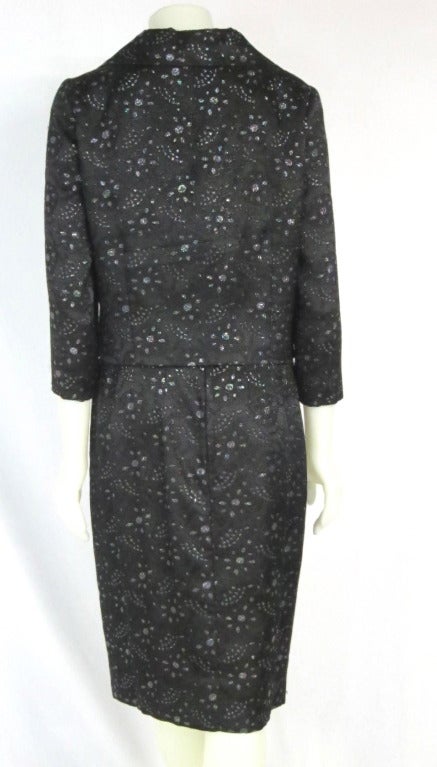 1960 Mad Men  Shelf Bust Black & Iridescent Wiggle Dress & Jacket Set For Sale 5