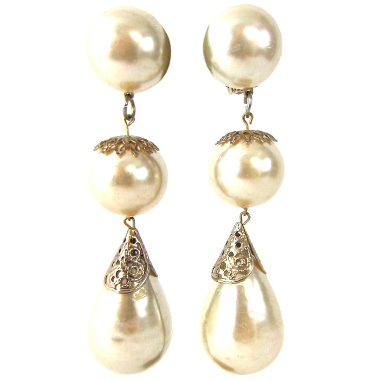Vintage Humongous Baroque Pearl & Gold Dangle Run Way Earrings For Sale
