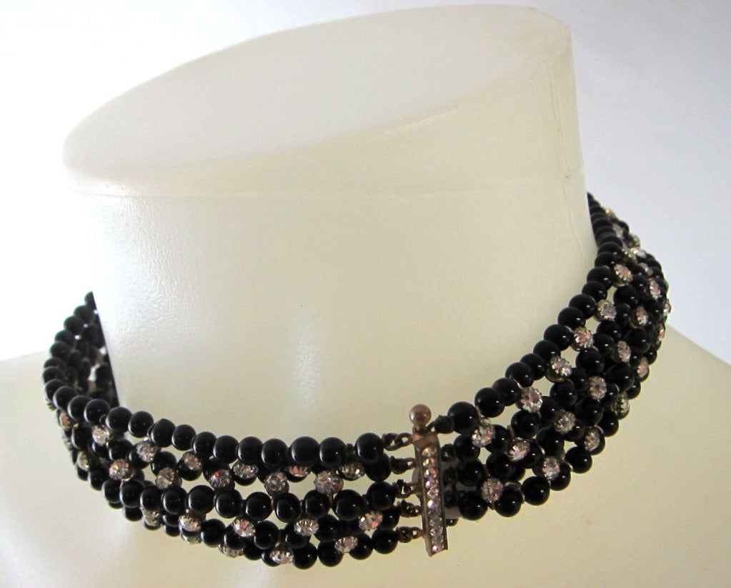 Vintage French Jet Bead & Rhinestone Choker Necklace w Pin Slide Closure