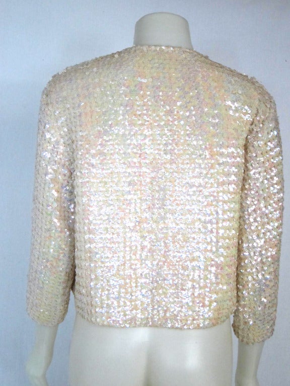 Vintage iridescent White Sequin  Evening Jacket- Satin Lining-Eva Schmir! In Good Condition For Sale In San Francisco, CA