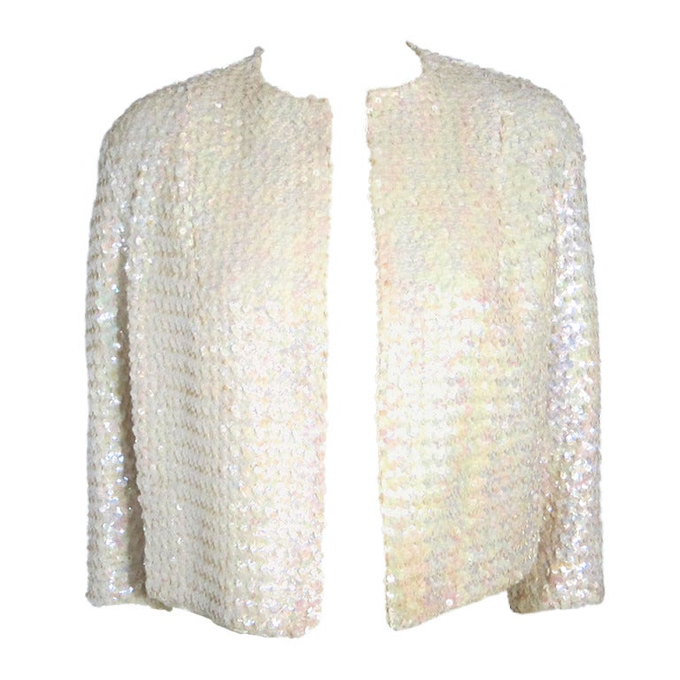 Vintage iridescent White Sequin  Evening Jacket- Satin Lining-Eva Schmir! For Sale