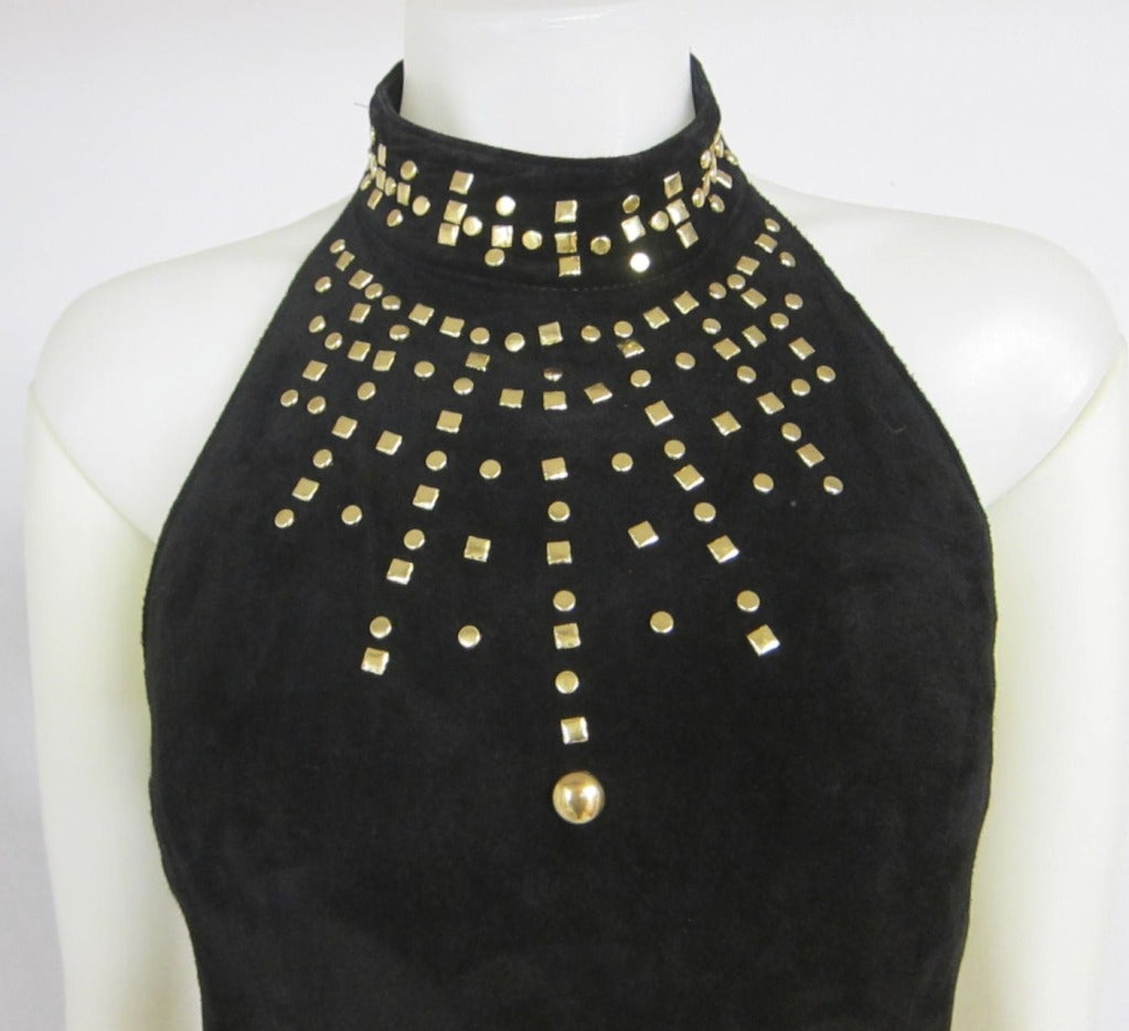 Women's VINTAGE Gold Studded Black Suede Maxi Long Halter Dress For Sale