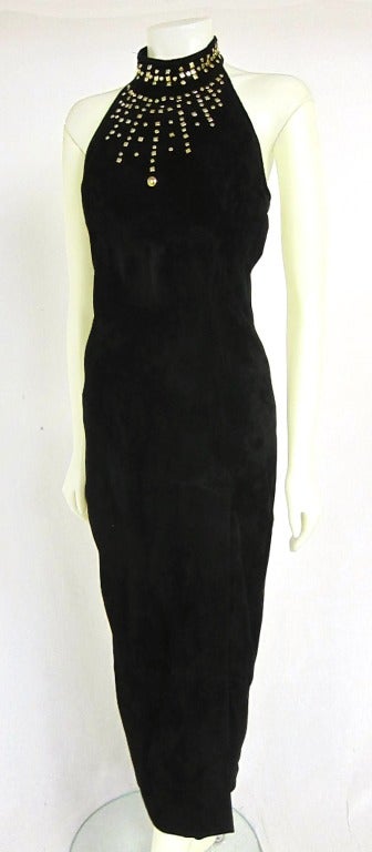 VINTAGE Gold Studded Black Suede Maxi Long Halter Dress For Sale 1