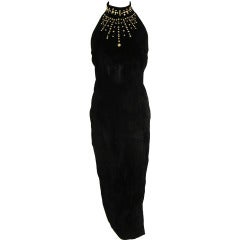 VINTAGE Gold Studded Black Suede Maxi Long Halter Dress